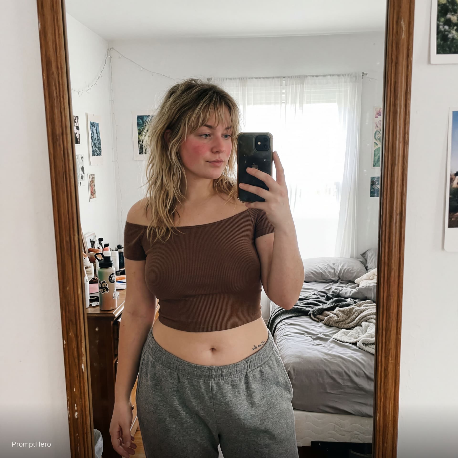 AI generated: A casual mirror selfie taken on a smartphone in a bedroom, showing a young woman with a soft, curvy ...