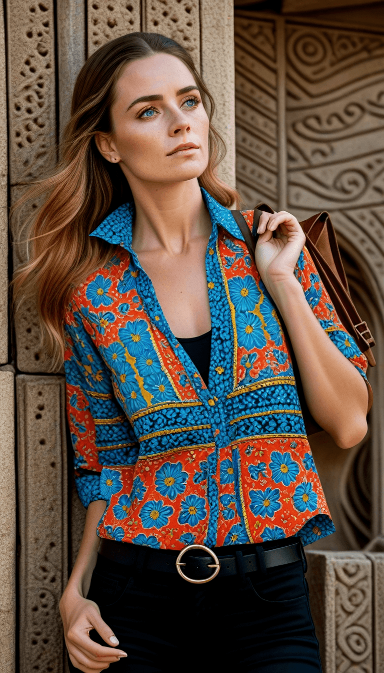 AI generated: A highly realistic, beautiful lady with (freckles:0.95),  blue eyes, batik shirt,  black jeans, hold...