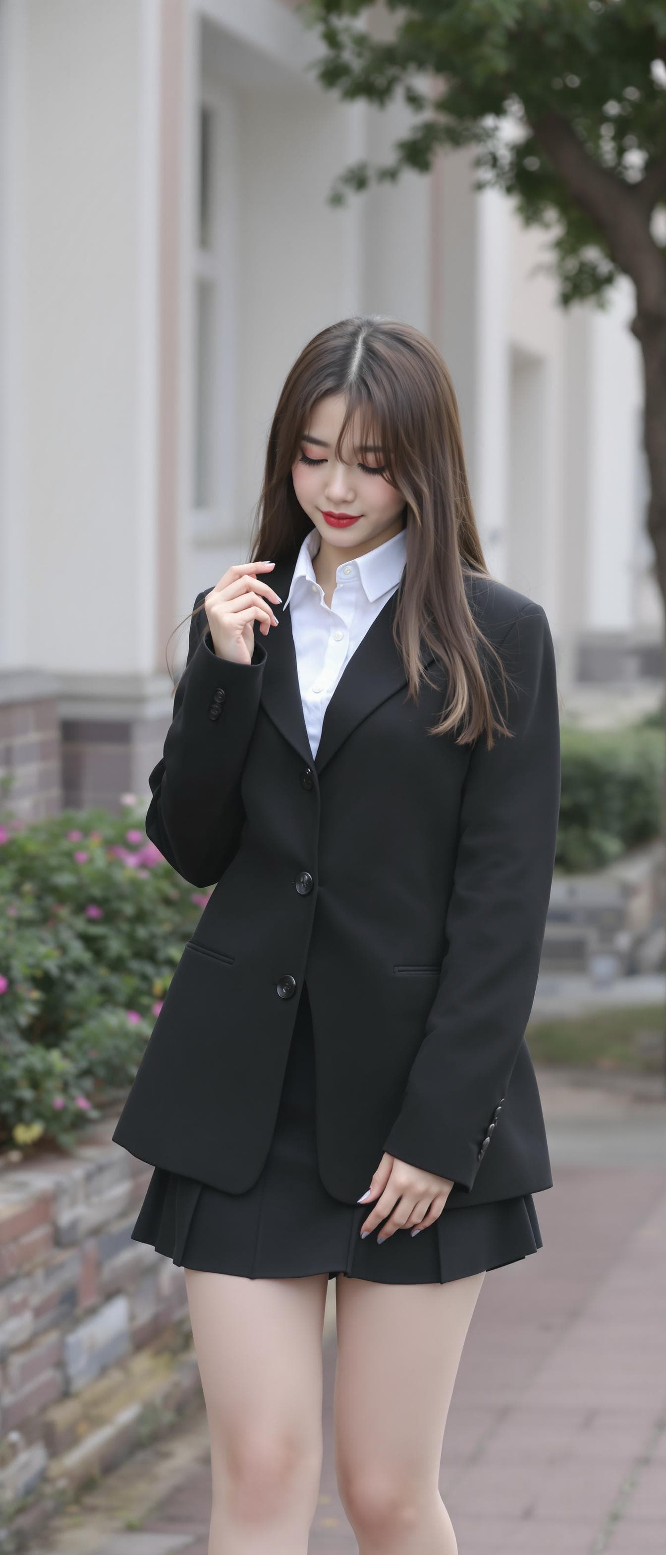 AI generated: a girl, wearing a school uniform, suit jacket, white shirt, black mini skirt,  thighs legs, full bod...