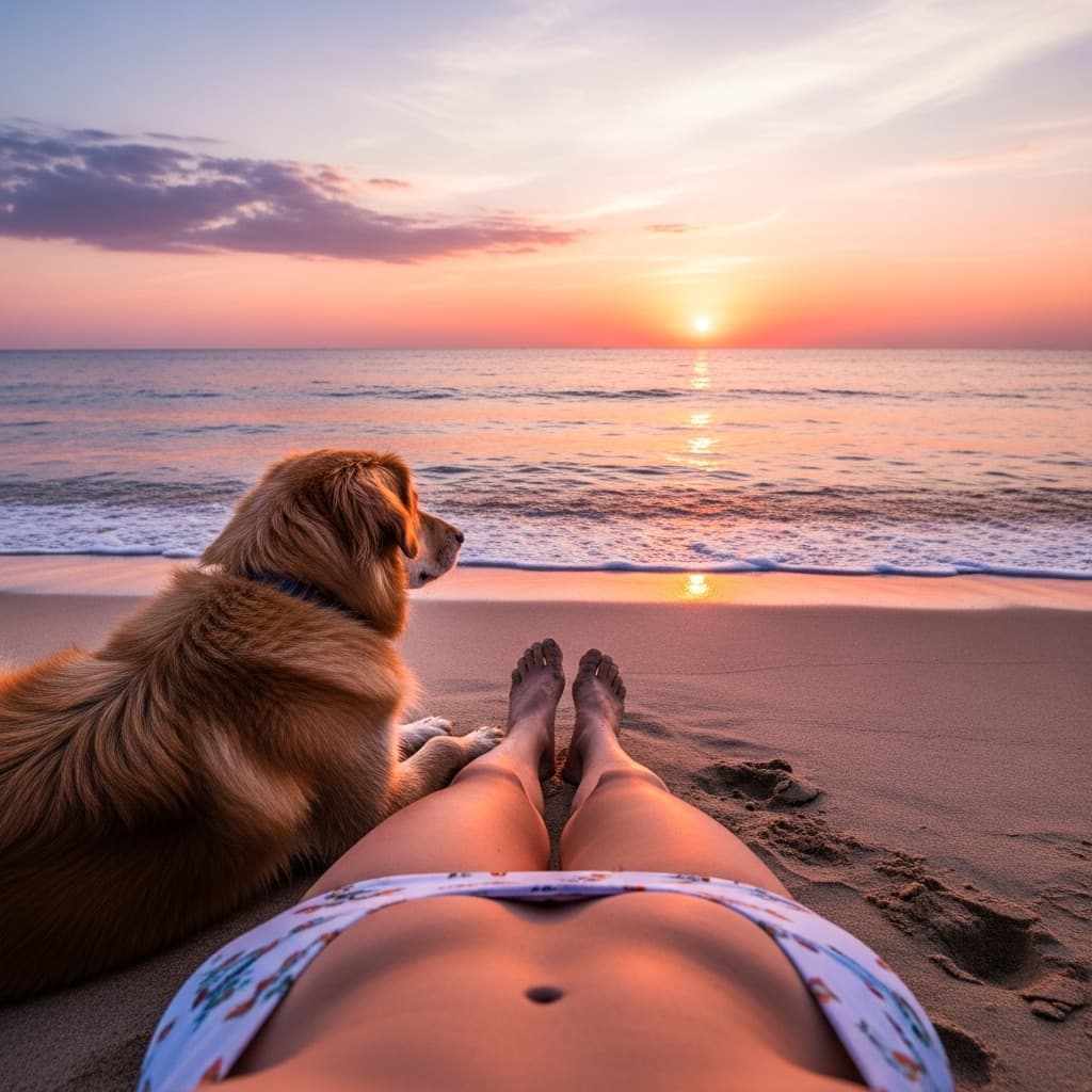AI generated: revealing first person dècoletèe down point of view of a woman you can see her feet relaxing o the b...