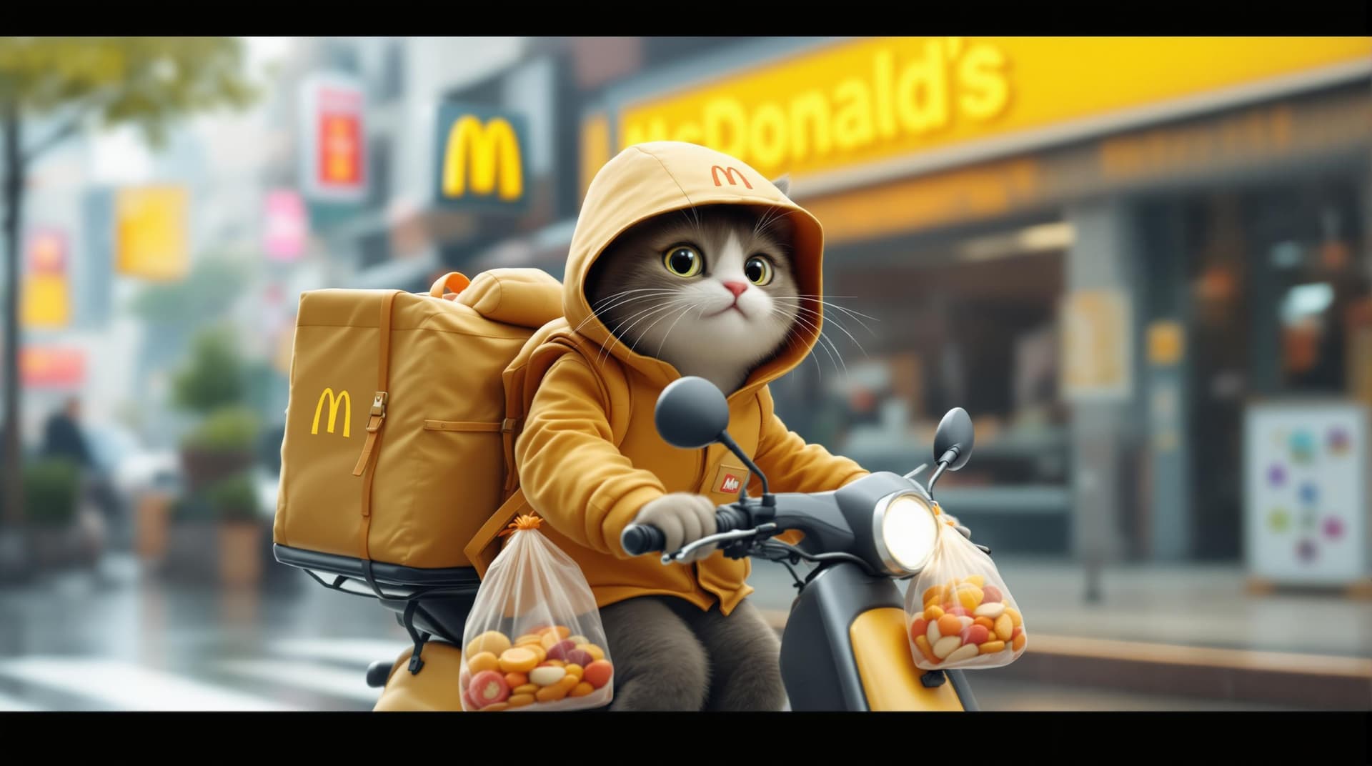 AI generated: Photography,  Disney 3D cartoon style realistic, a cute cat wearing a McDonald's delivery uniformis ...