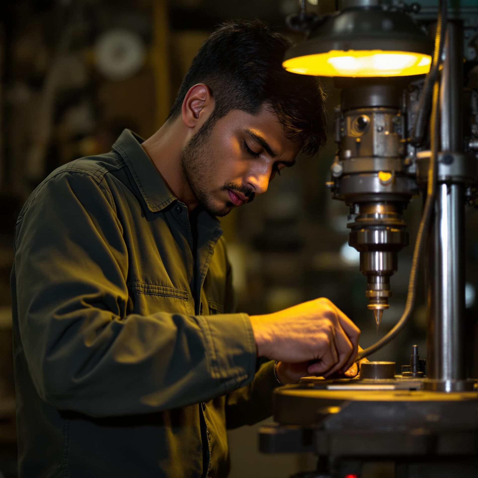 AI generated: The image shows a Indian young man deeply engrossed in his work with what appears to be a drill pres...