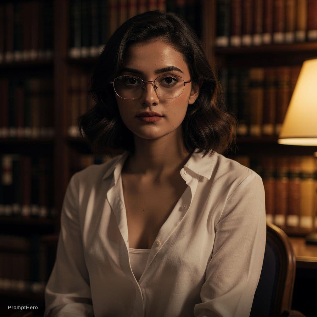 AI generated: A young teacher sits in a quiet library,surrounded by books and knowledge.Her dark-haired beauty is ...