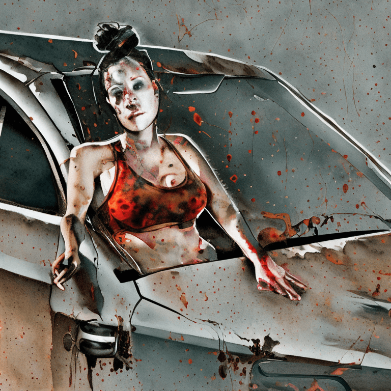 AI generated: intricate splattered oil watercolor, vibrant colors,(((facing viewer))) A female waiting inside a ca...