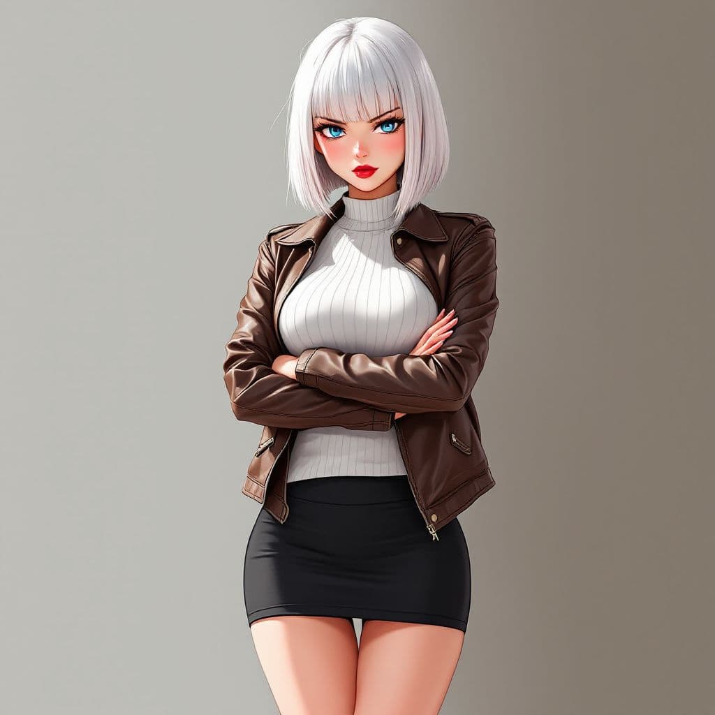 AI generated: anime, woman, white hair, bob cut, straight bangs, blue eyes, red lips, white sweater, tight sweater...