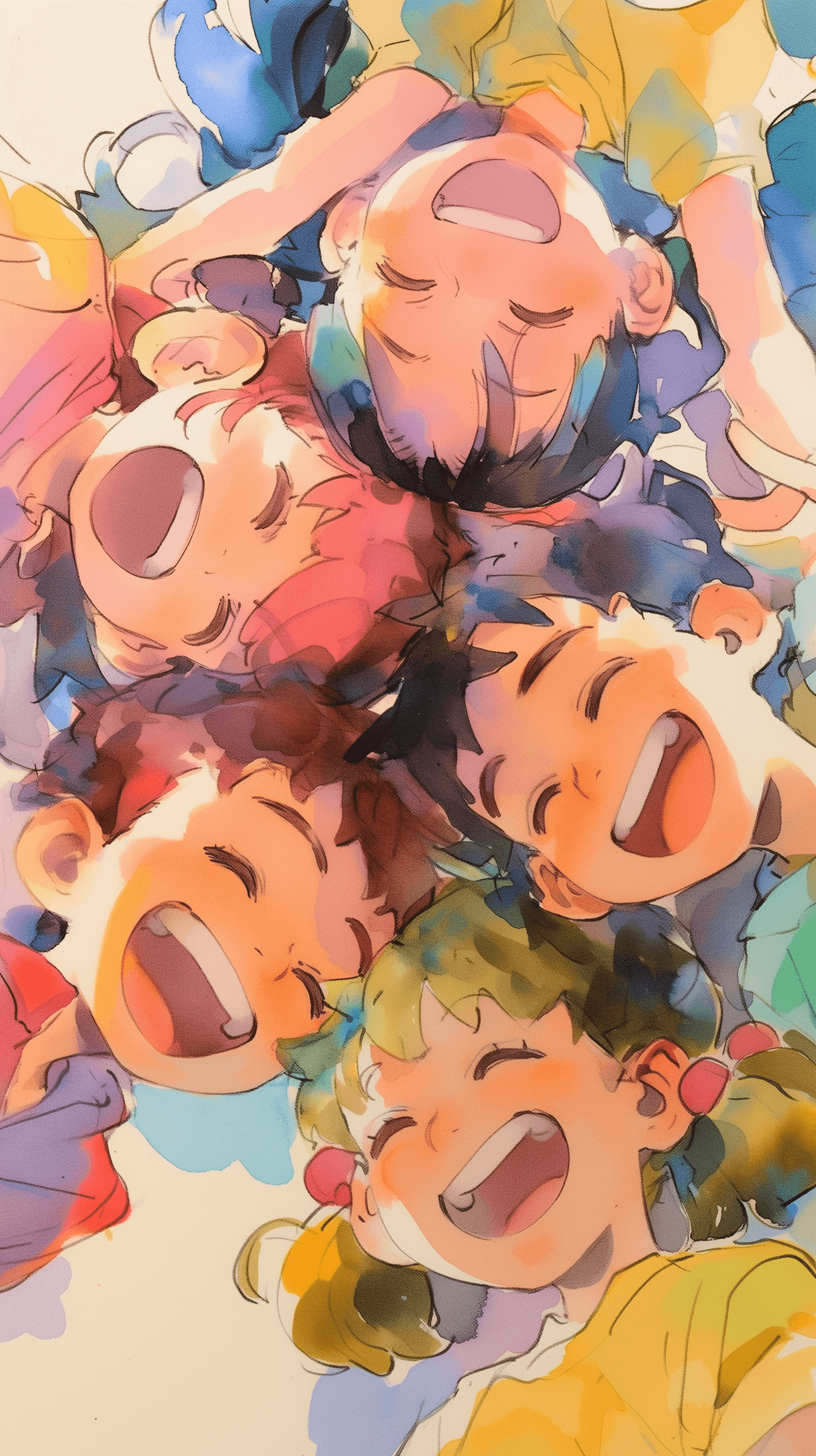 AI generated: watercolor, fun and exciting boys and girls 5, exaggerated, pastel soft background, each character d...