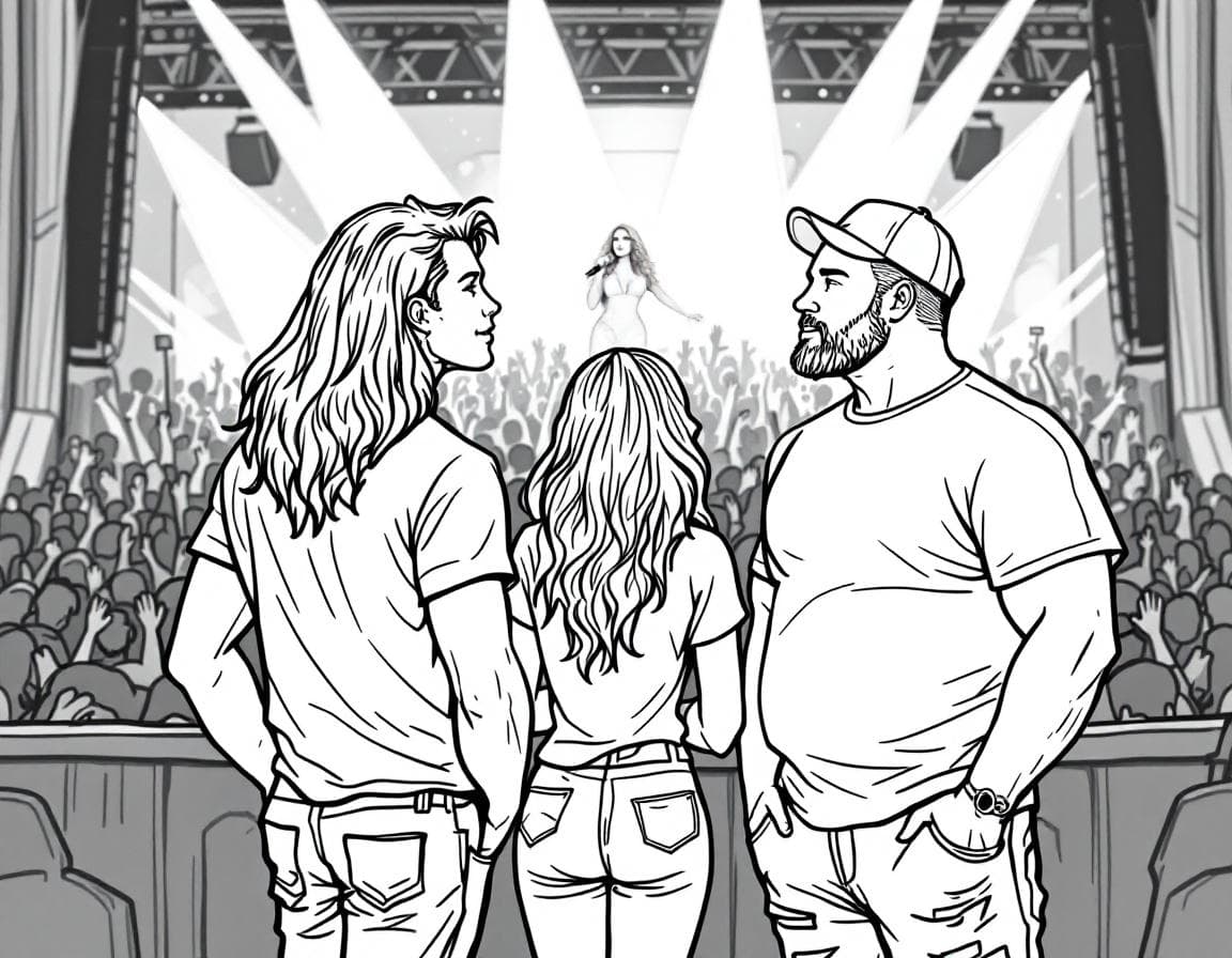 AI generated: Black-and-white, bold, line art, coloring in page, simple, detailed, sketch. 

Three friends at a ...
