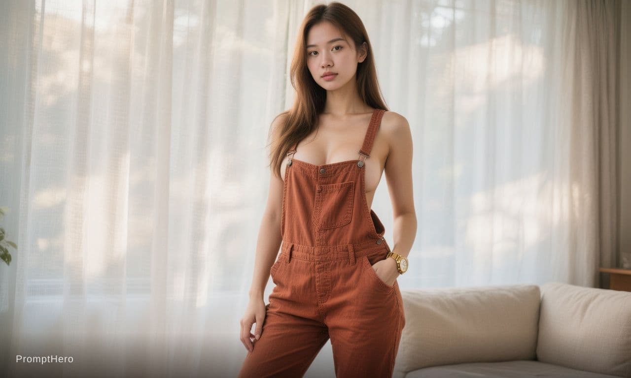 AI generated: Photorealistic photograph of a young, slender Asian woman with long, straight brown hair. She is wea...