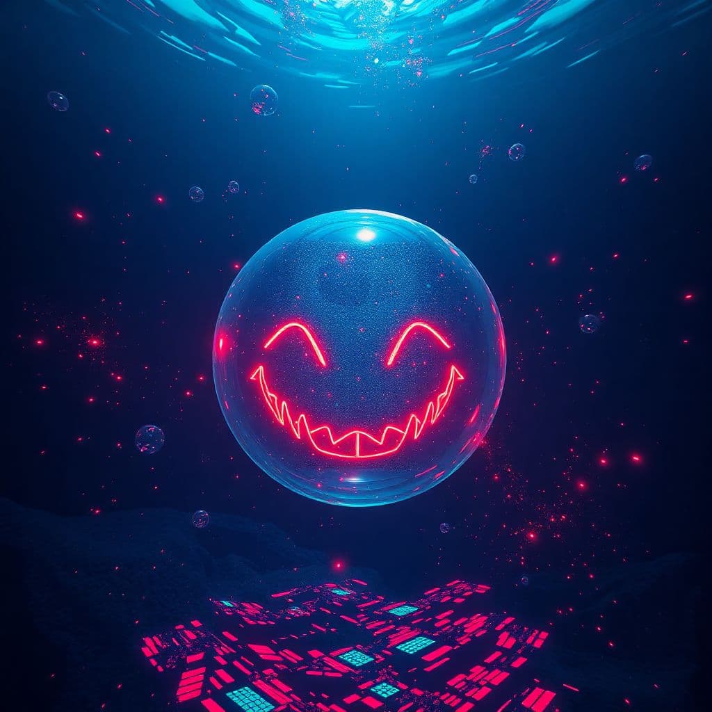 AI generated: abyssopelagic heretic, sinister sly smile bubble escapade, doomed user, glitch art in oceanic 3d tec...