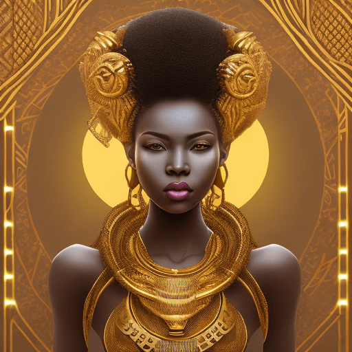 AI generated: mdjrny-v4 style portrait photograph of Shudu Gram as Oshun, young beautiful African goddess of ferti...