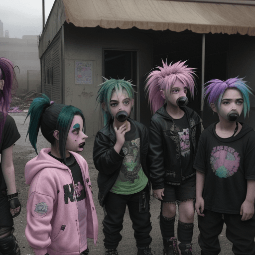 AI generated: A bunch of kids eating pink donuts and having fun in a post apocalyptic world, One kid is a girl wit...