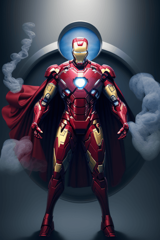 AI generated: Iron man, a formidable villain,real superman costume, full body shot, wears a deep blue and  red cos...