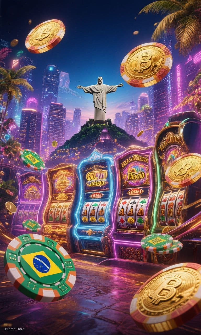 AI generated: High-end vertical mobile banner for Brazilian online casino, Rio de Janeiro night skyline with Chris...