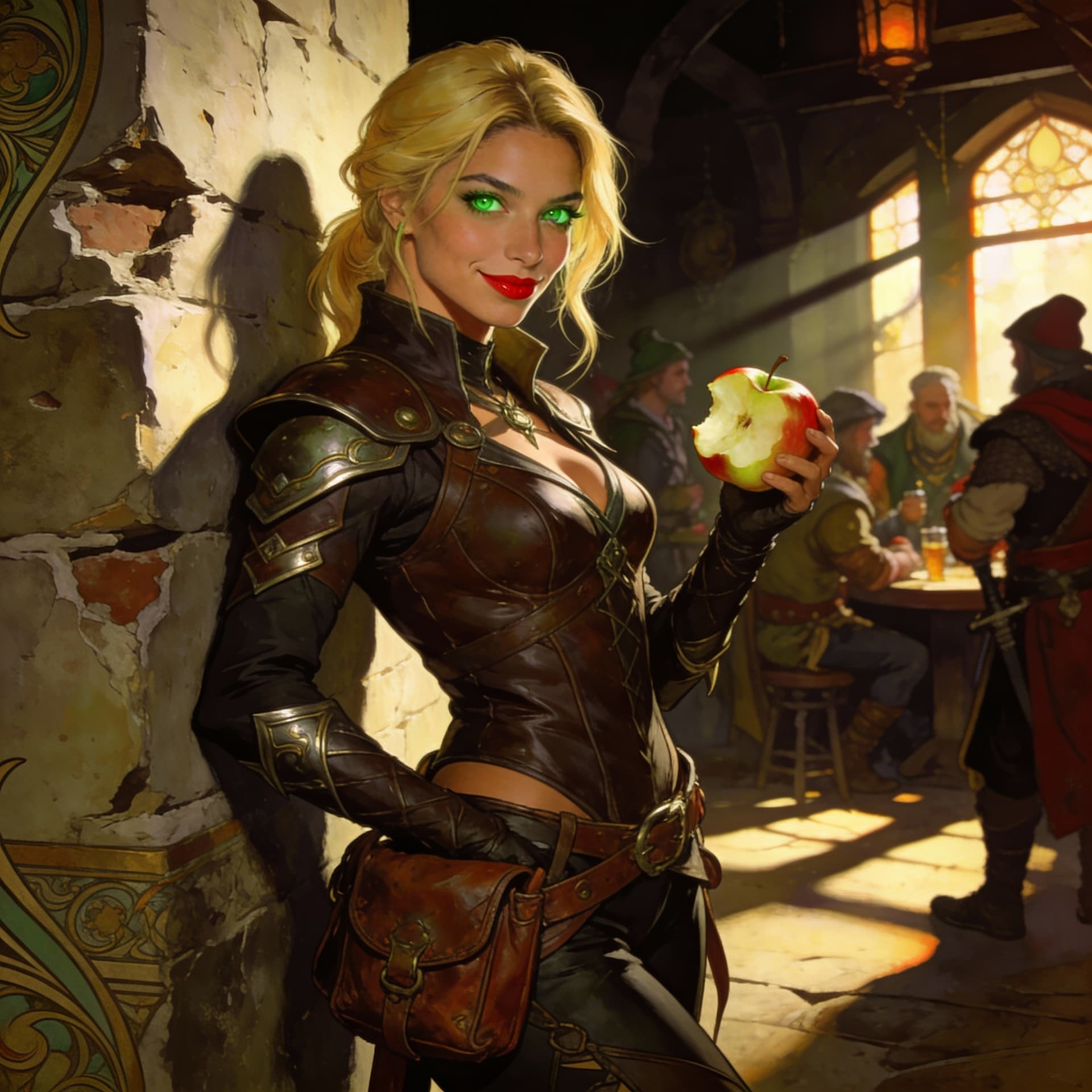 AI generated:  A lithe, young blonde female D&D thief of mixed European descent stands confidently, her bright gre...