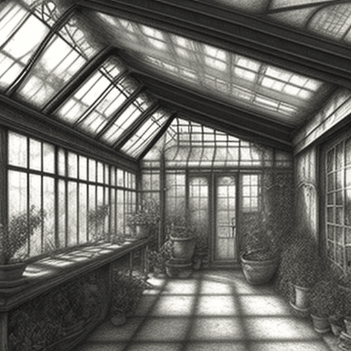 AI generated:  a pencil drawing of greenhouse, drawn in the style of Leonardo Da Vinci, solar punk, steam punk, ph...