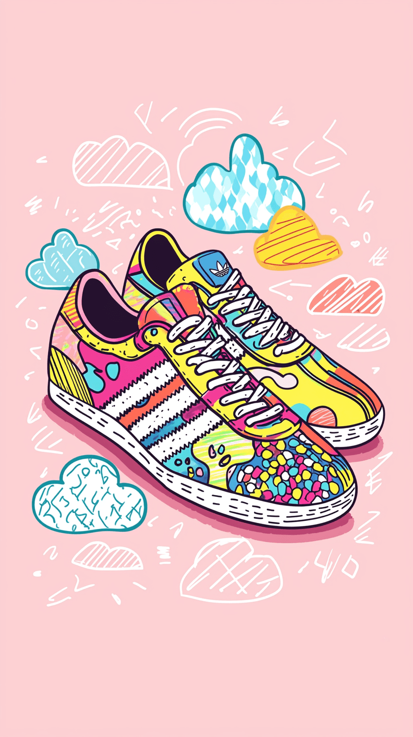 AI generated: illustration, sneakers inspired by Adidas low-top, fully covered in abstract colorful patterns and b...