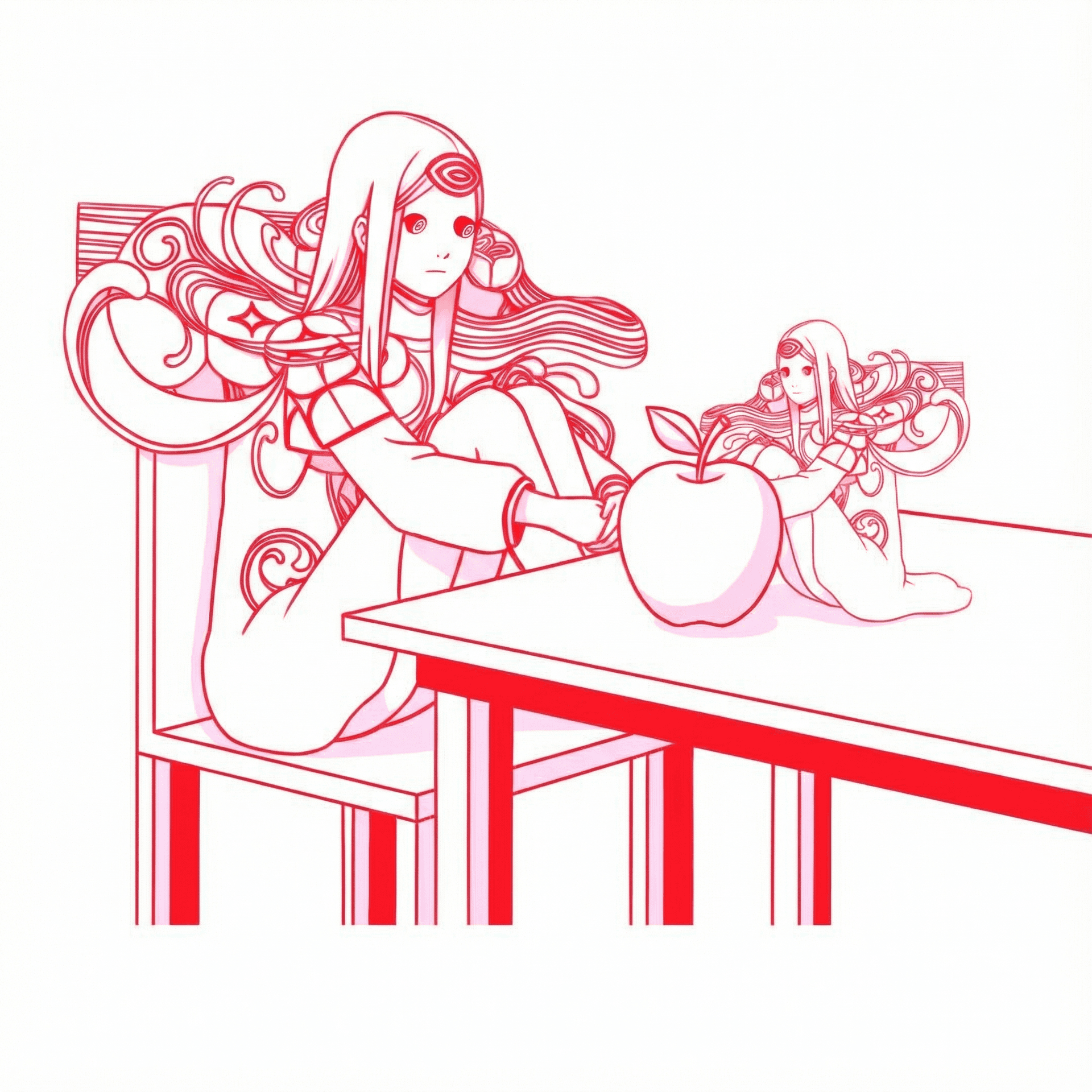 AI generated: Fielmente igual a imagem a personagem Mulher pequena sentada sobre a mesa é apresentada com um uma m...
