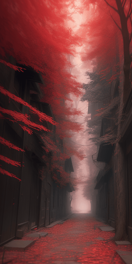 AI generated: a professional photographic view picture of an alley in a red forest, photographic filter unreal eng...