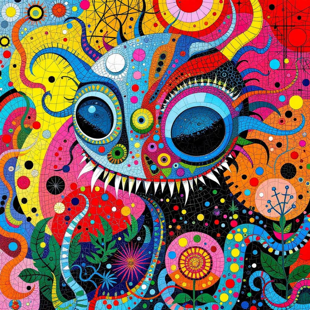 AI generated: mosaic of a strange friendly alien monster in neon colors, Paul Klee, Howard Finster, hyperrealistic