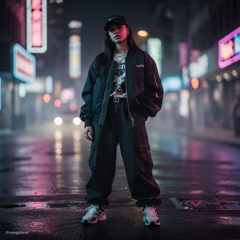 AI generated: A stylish urban woman standing in the street at night, neon lights, hip hop vibe, cinematic lighting...