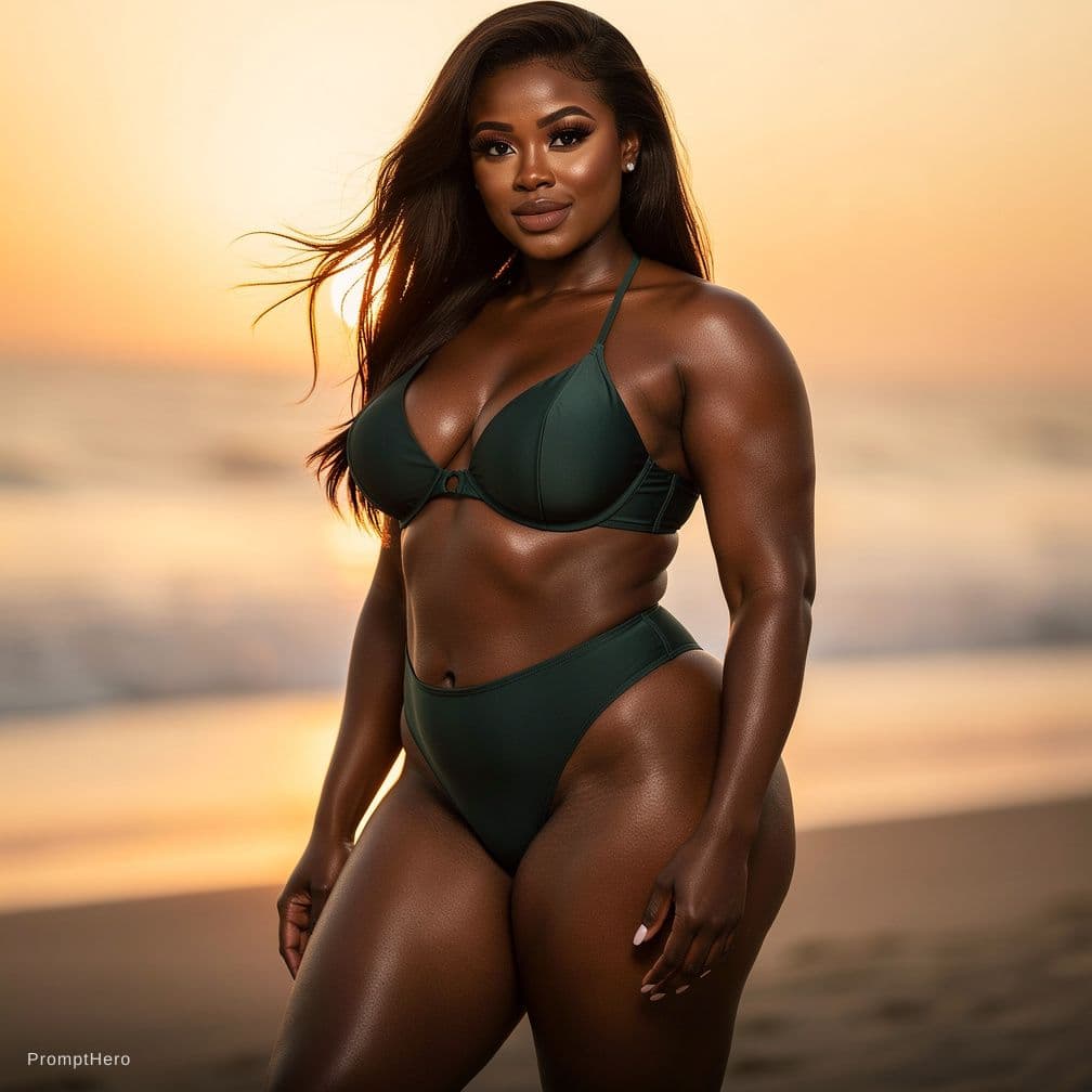 AI generated: Maka a ai dark black woman with big boobs and curved shape belly and big thighs with a sexy look wea...
