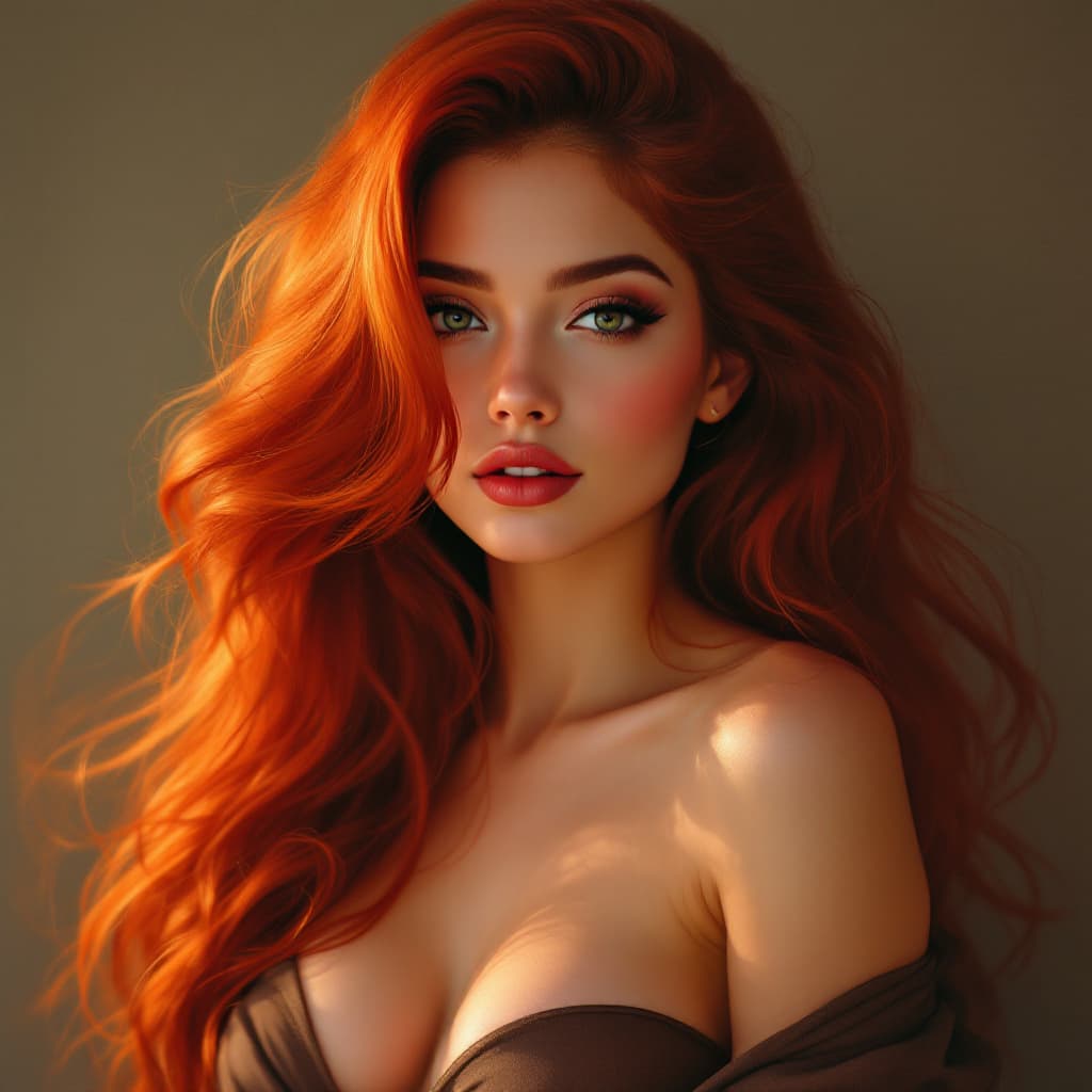 AI generated: A **gorgeous digital painting** of a **stunning woman with long, fiery red hair**, flowing in soft w...