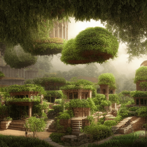 AI generated: ancient babylon, hanging gardens, cinematic, hyperrealistic, epic