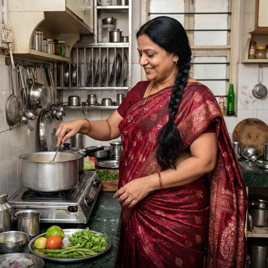 AI generated: A thick indian milf with long braid in a sexy saree cooking in the kitchen