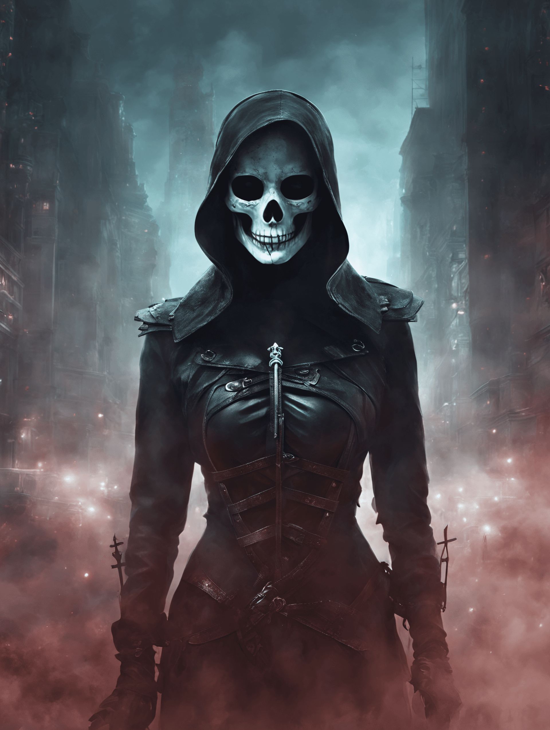 AI generated: concept art breathtaking Artistic female in skull mask , solo., under creepy evil fog. In a City bur...