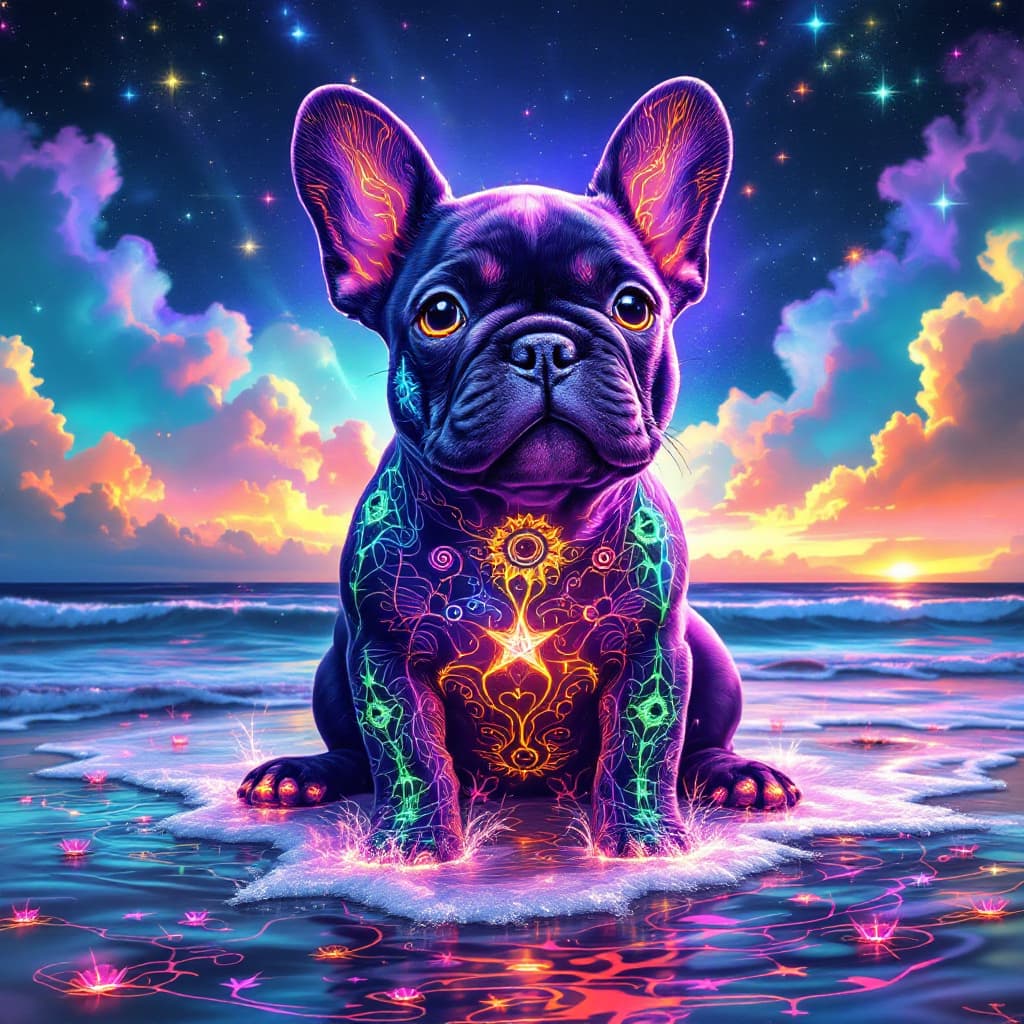 AI generated: Psychedelic French bulldog puppy with fractal patterns on skin, glowing tail, surrounded by neon oce...