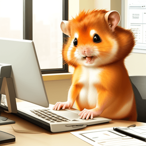 AI generated: ginger hamster sitting at an office desk, behind a computer 
screen waving at the camera.
warm light...
