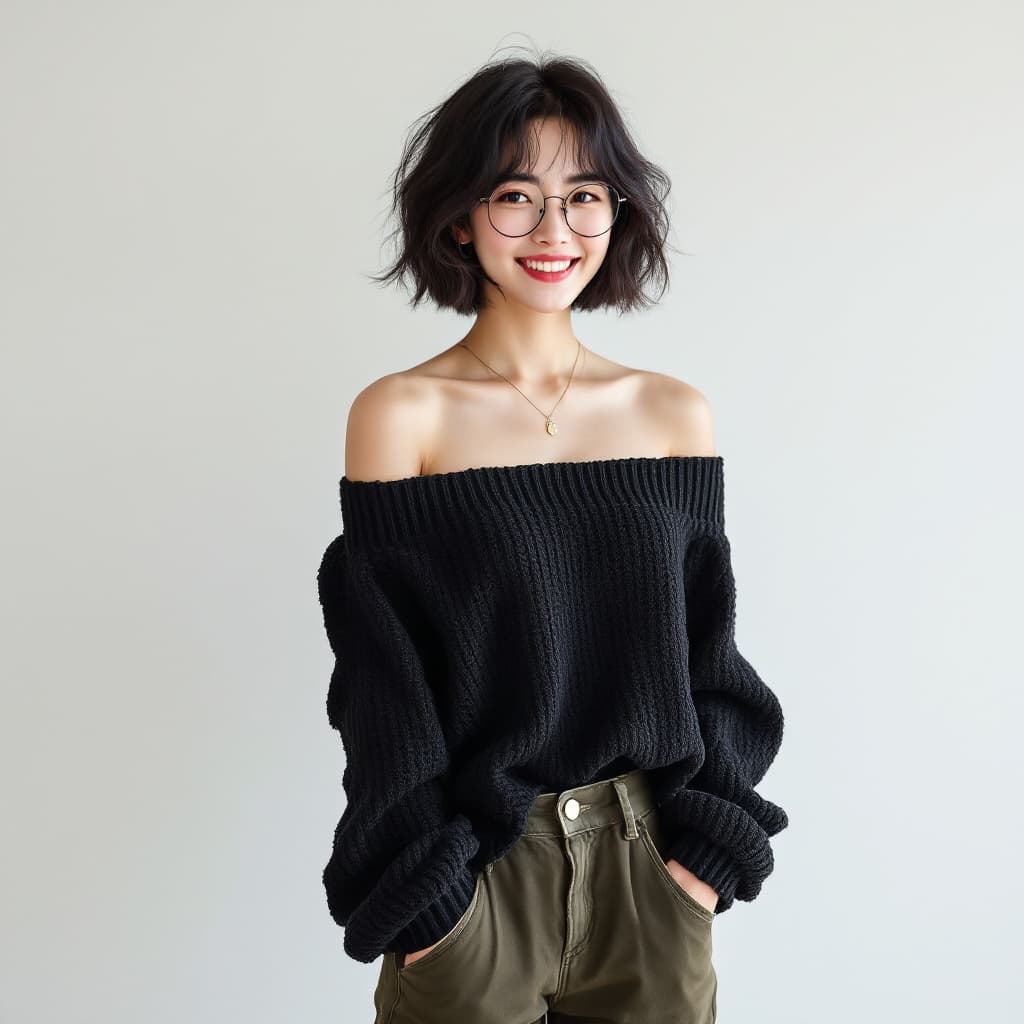 AI generated: a Japanese women,a Japanese girl, thick eyebrows, , short black wavy hair with long bangs, wearing a...