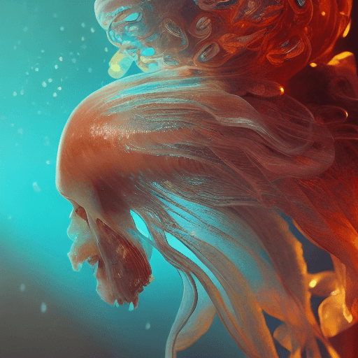 AI generated: Goddess close-up portrait ribcagel. jellyfish phoenix head, nautilus, orchid, skull, betta fish, bio...