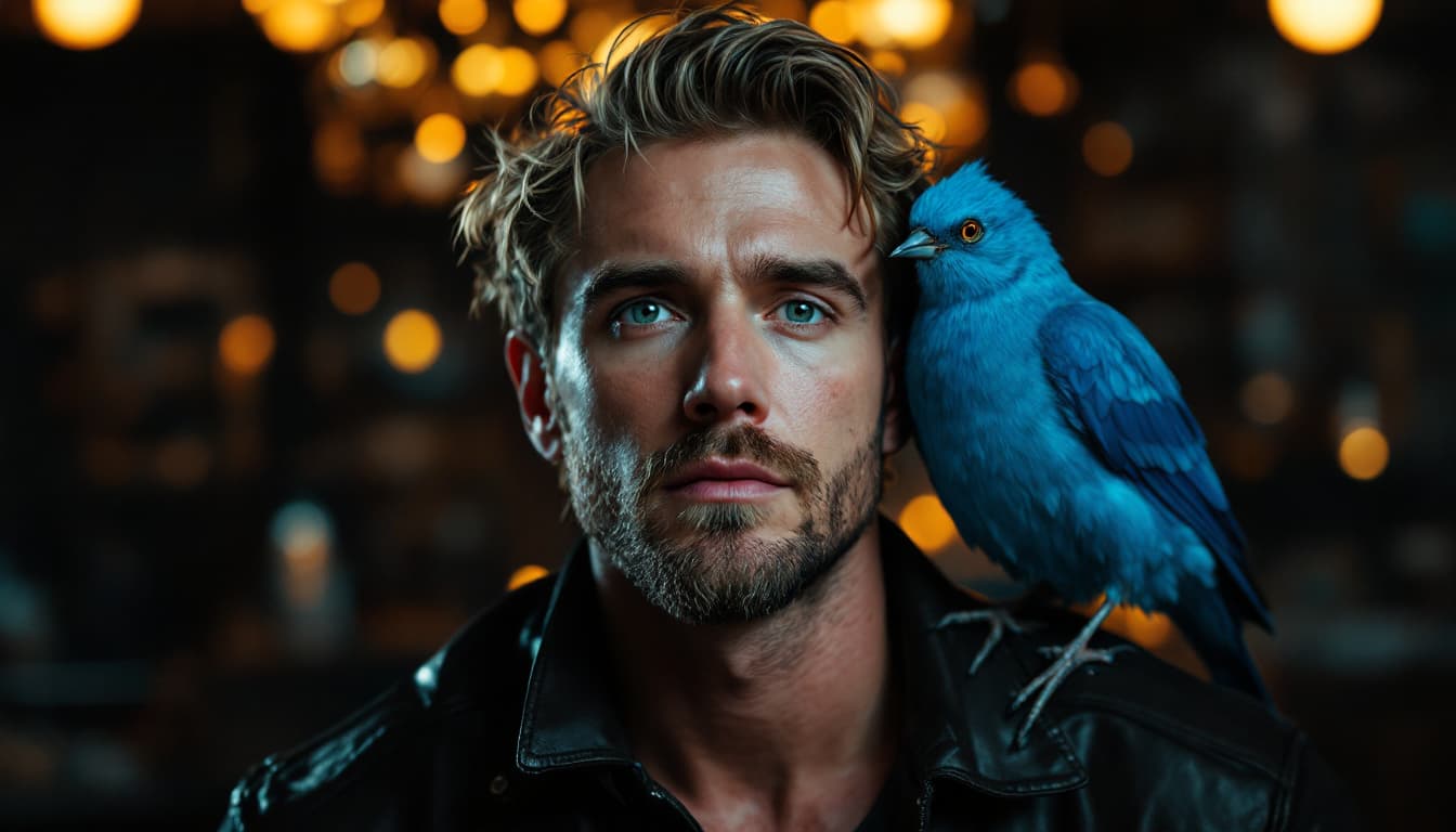 AI generated: front shot of (adele) with the (blue (twitter) bird) perched on his shoulder,  8k, hyperrealistic, h...