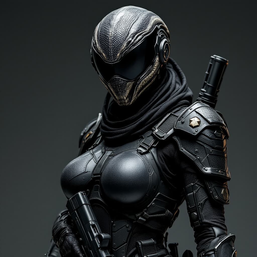 AI generated: Photo of a ultra realistic Female in full body tactical armor and helmet resembling a snake head and...