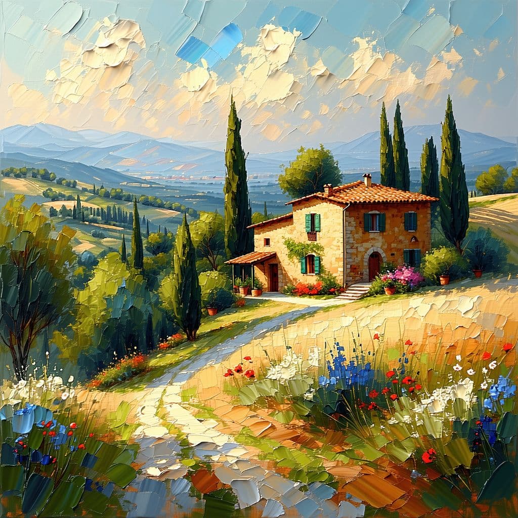 AI generated: impressionist painting on canvas of Tuscany, beautiful landscape with Tuscan farmhouse, in the style...