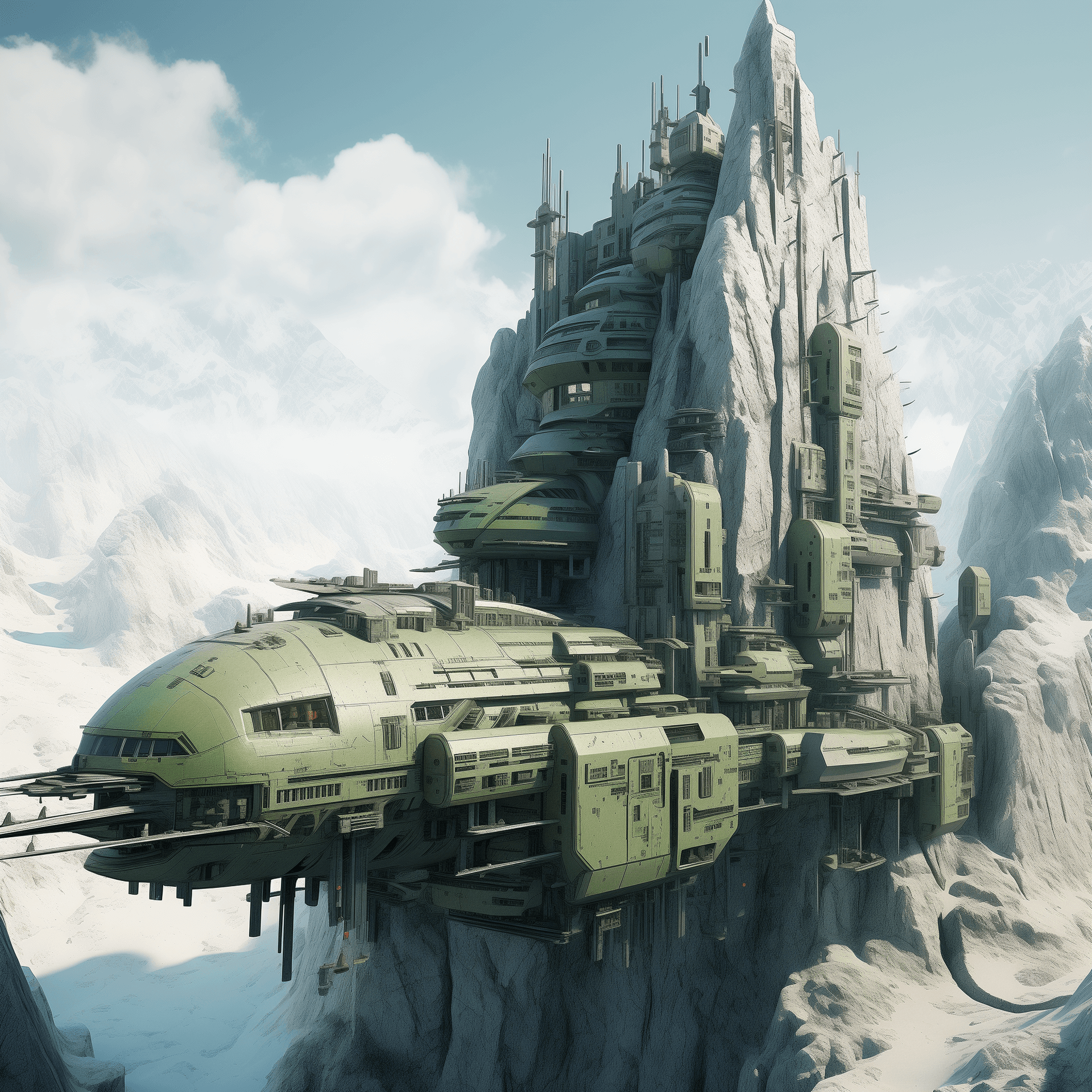 AI generated: futuristic spaceship floating in snow and ice, green and beige color, in the style of fantastical ru...