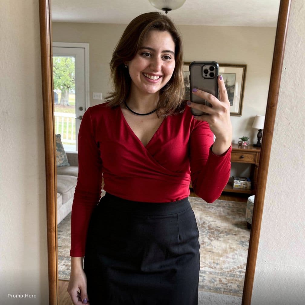 AI generated: Une photo, d'une femme de 18 ans avec des formes  ,, a picture,    , , dans son salon , la photo est...