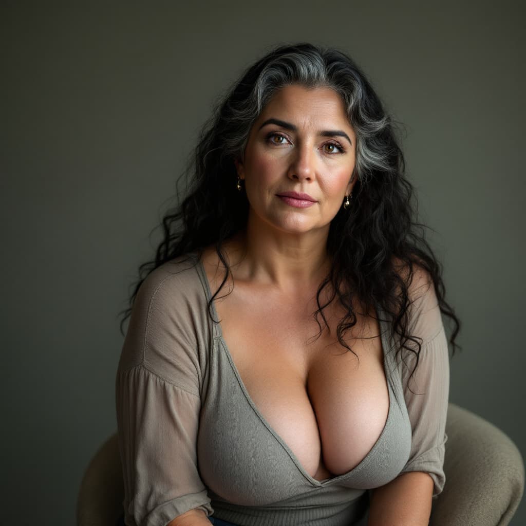 AI generated: Realistic studio photo of a 43 year-old woman, Jewish features mature, Soft wrinkles around the eyes...