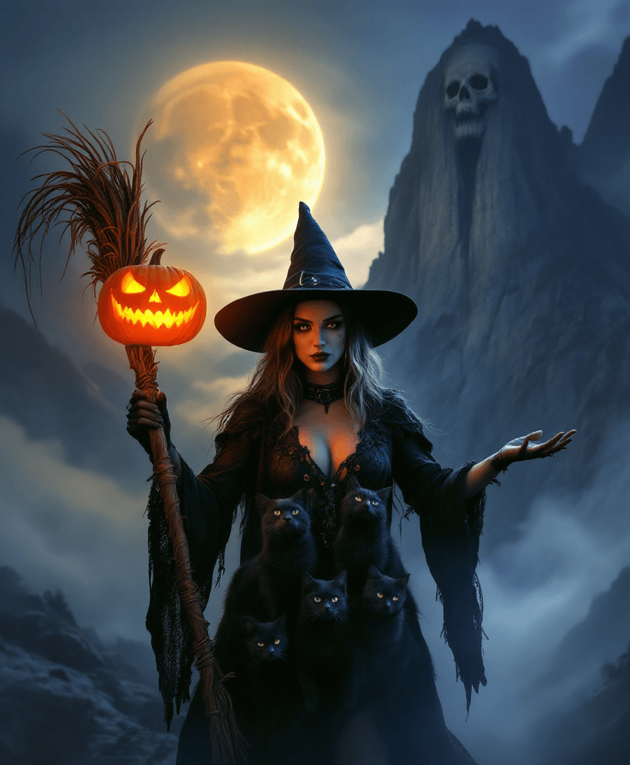 AI generated: an ultra high definition studio quality portrait of a witch holding a broomstick with her left hand....