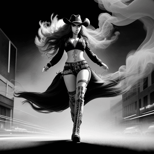 AI generated: A digital drawing of an urban cowgirl, full body, walking on the street, wearing cowboy boots and ha...