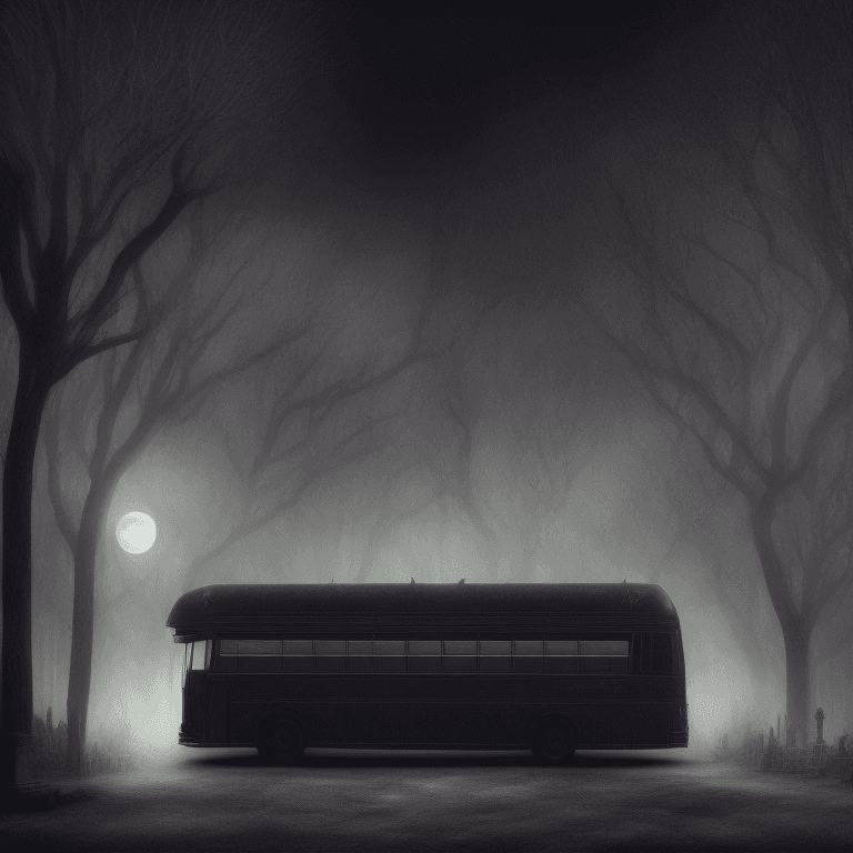 AI generated: angled view of a detailed darkish dark metallic huge school bus at a distance, Dark Fairytale Aesthe...
