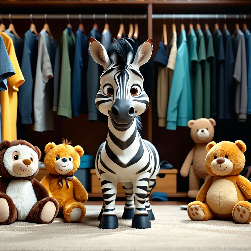 AI generated: (Pixar studio style)+++, (Zeebie the zebra)+, stuffed animal, playing with other stuffed animal frie...