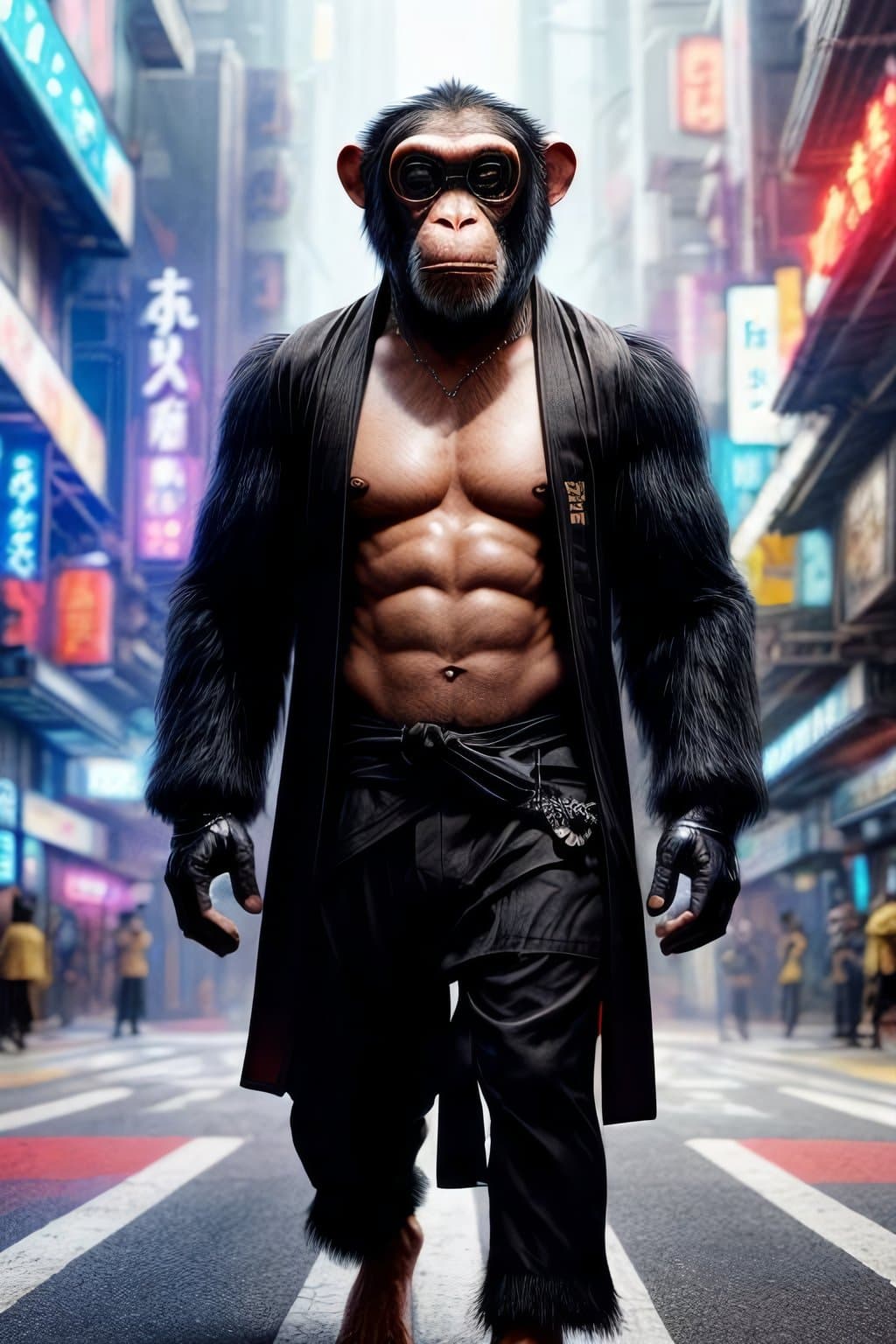 AI generated: a chimpanzee yakuza wearing futuristic scifi AR goggles and zen robes, hyper-realistic masterpiece, ...
