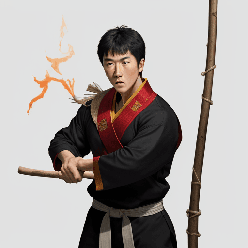 AI generated: A young man stands tall and strong like Jet Li and Jackie Chan mythology, The position of the stick ...