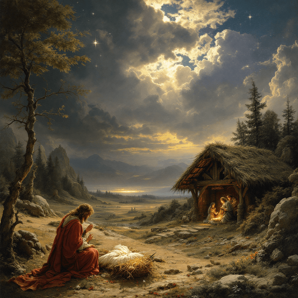 AI generated: A nativity scene in the style of Caspar David Friedrich's landscape painting.