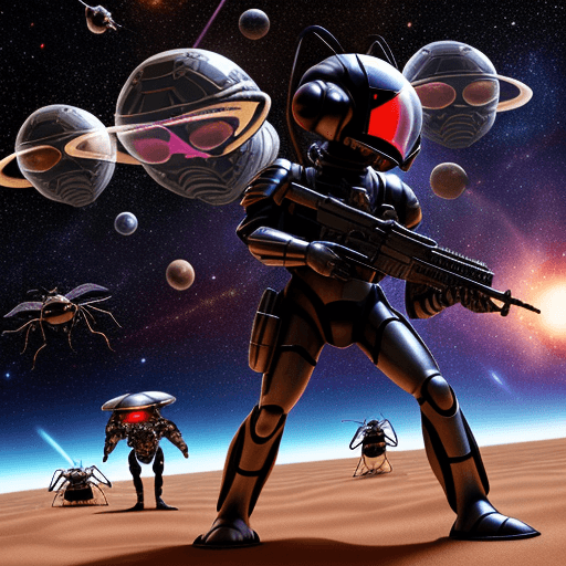 AI generated: army group, alien ant army group with silver armor invasion the planet, gunfire with red ant group, ...