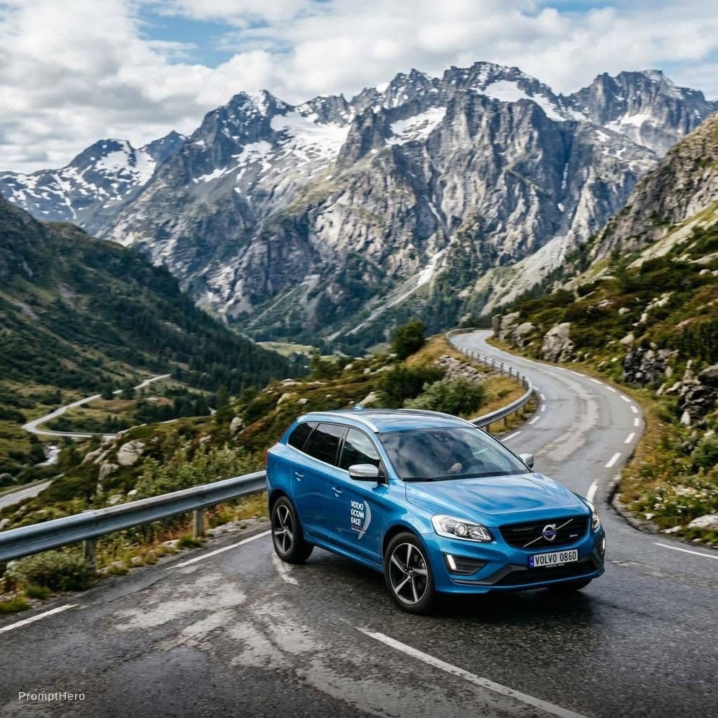 AI generated: vygeneruj obrázek kde je Volvo XC60 AWD Ocean race edice z roku 2012, modrá ocean Blue, je na cestě ...