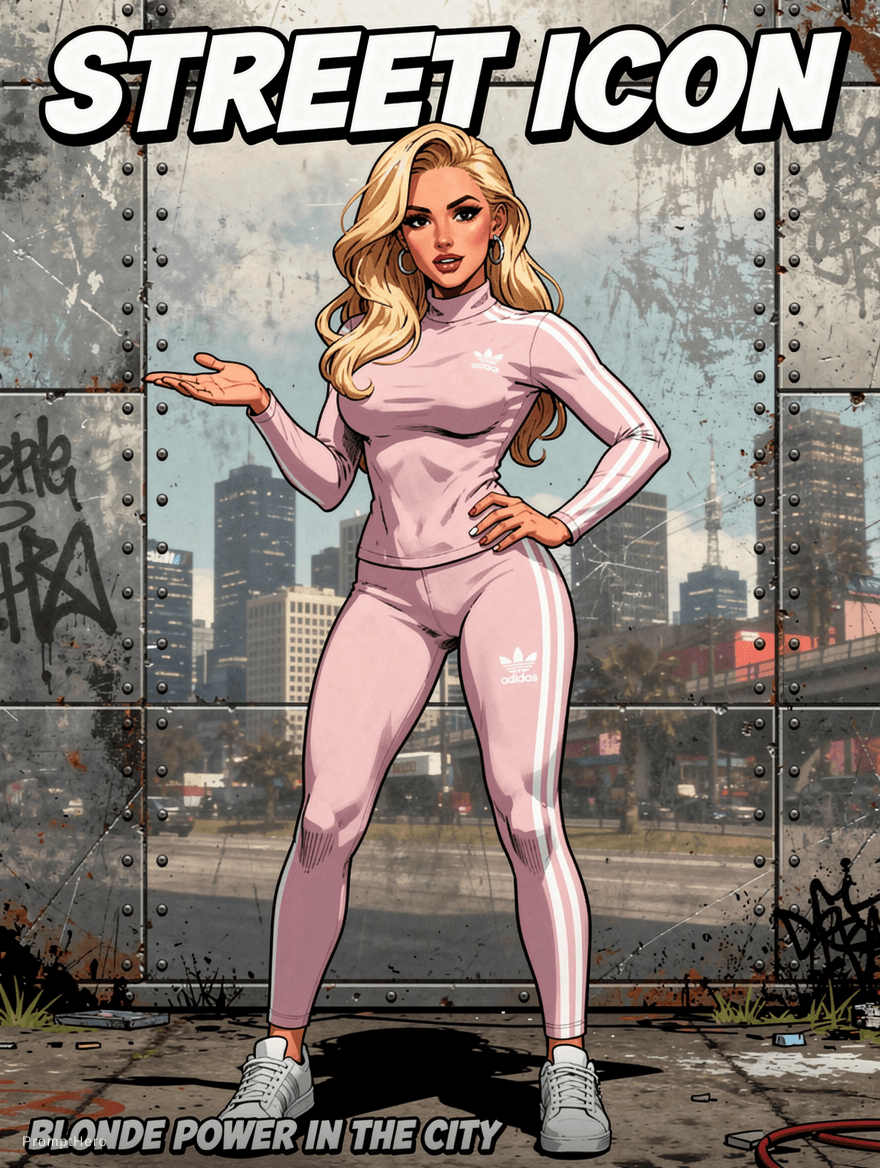 AI generated: comic book cover featuring a gorgeous blond Woman, slightly-wavy long hair, bold eyeliner, wearing a...