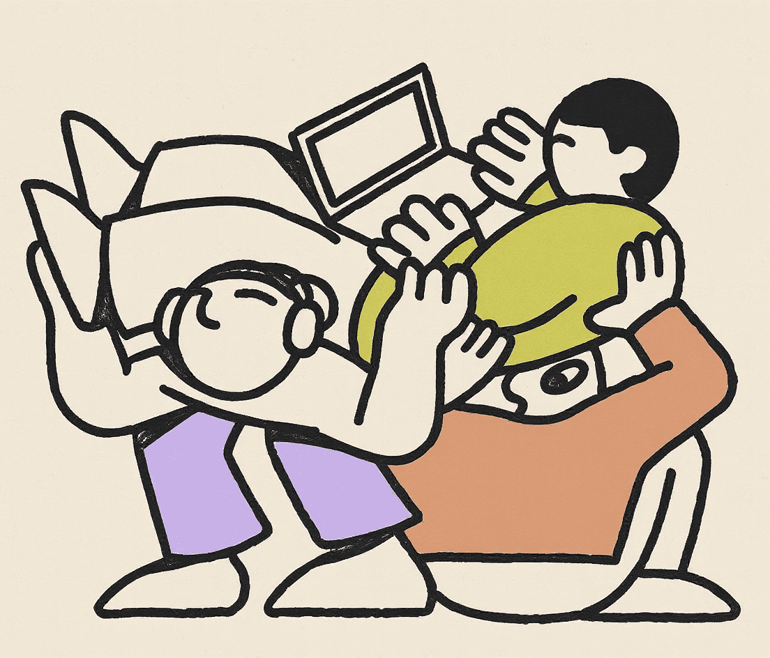 AI generated: freelancers working, hand drawn line style, rough lines, stylized faces